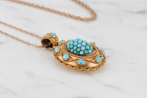 ANTIQUE VICTORIAN c1880 ETRUSCAN REVIVAL TURQUOISE LOCKET PENDANT ON 15ct YELLOW GOLD