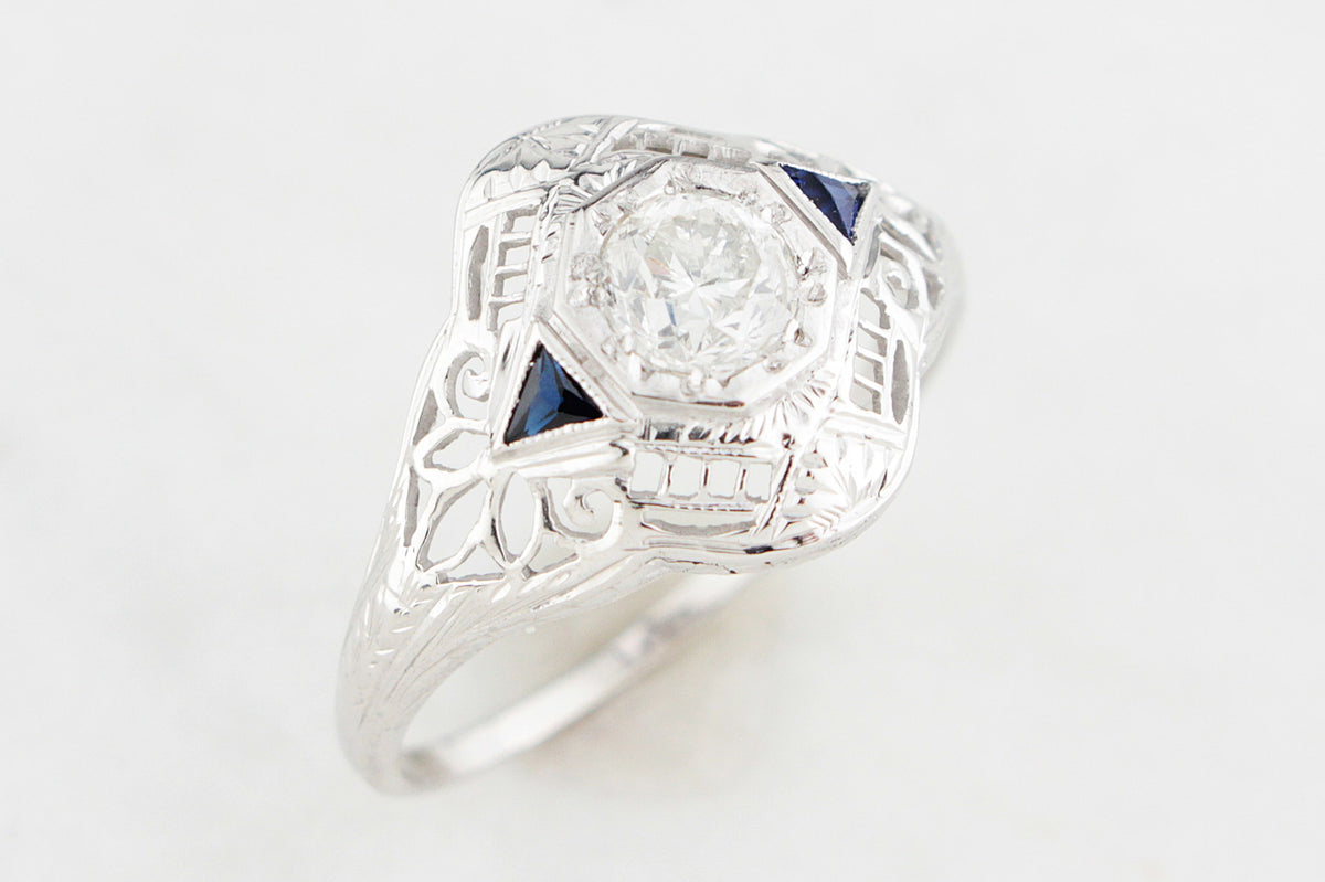 ANTIQUE 1920s .65ct DIAMOND &amp; SAPPHIRE RING 18ct WHITE GOLD