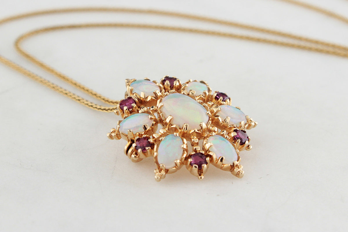 VINTAGE OPAL &amp; RUBY STARBURST PENDANT/BROOCH 9ct GOLD