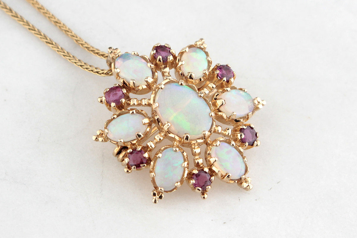 VINTAGE OPAL &amp; RUBY STARBURST PENDANT/BROOCH 9ct GOLD