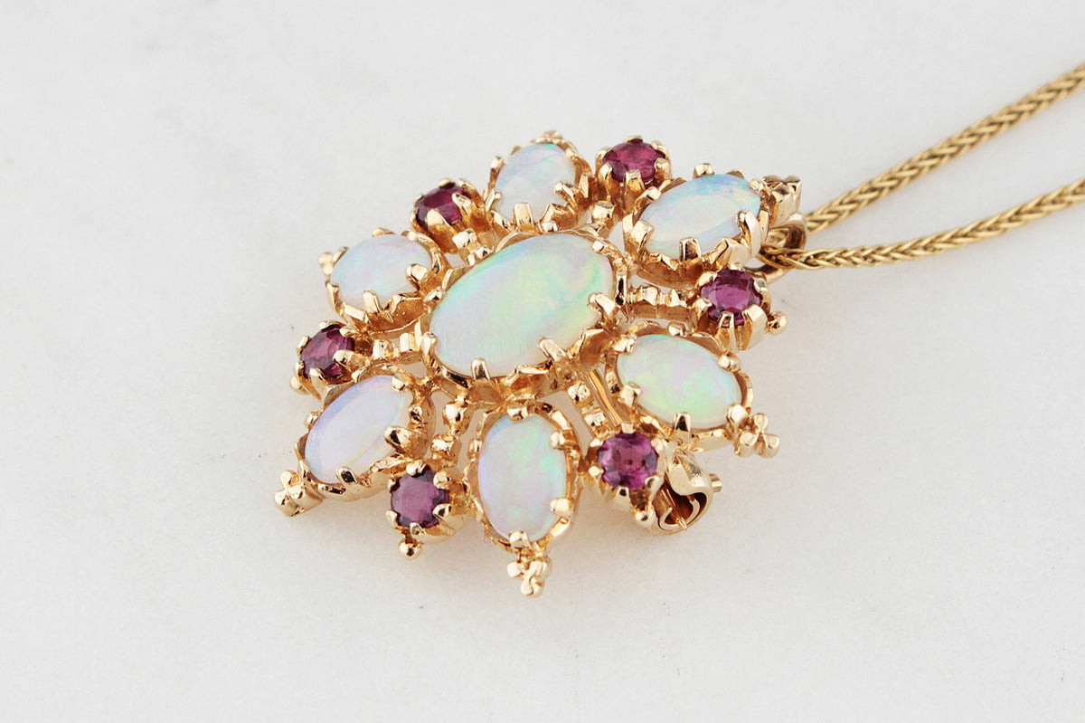 VINTAGE OPAL &amp; RUBY STARBURST PENDANT/BROOCH 9ct GOLD