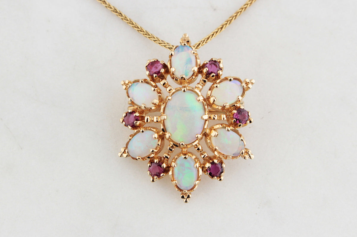 VINTAGE OPAL &amp; RUBY STARBURST PENDANT/BROOCH 9ct GOLD