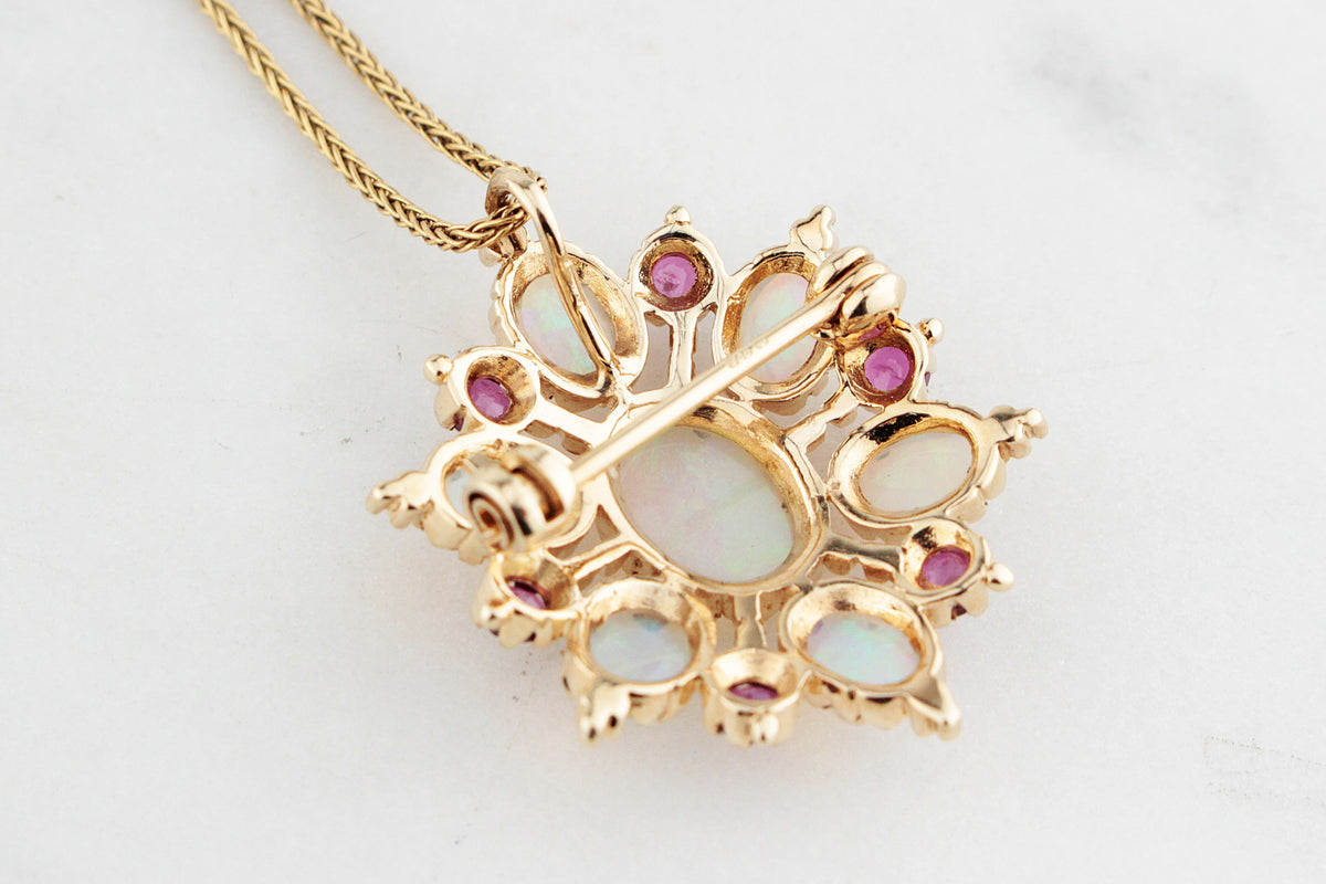 VINTAGE OPAL &amp; RUBY STARBURST PENDANT/BROOCH 9ct GOLD