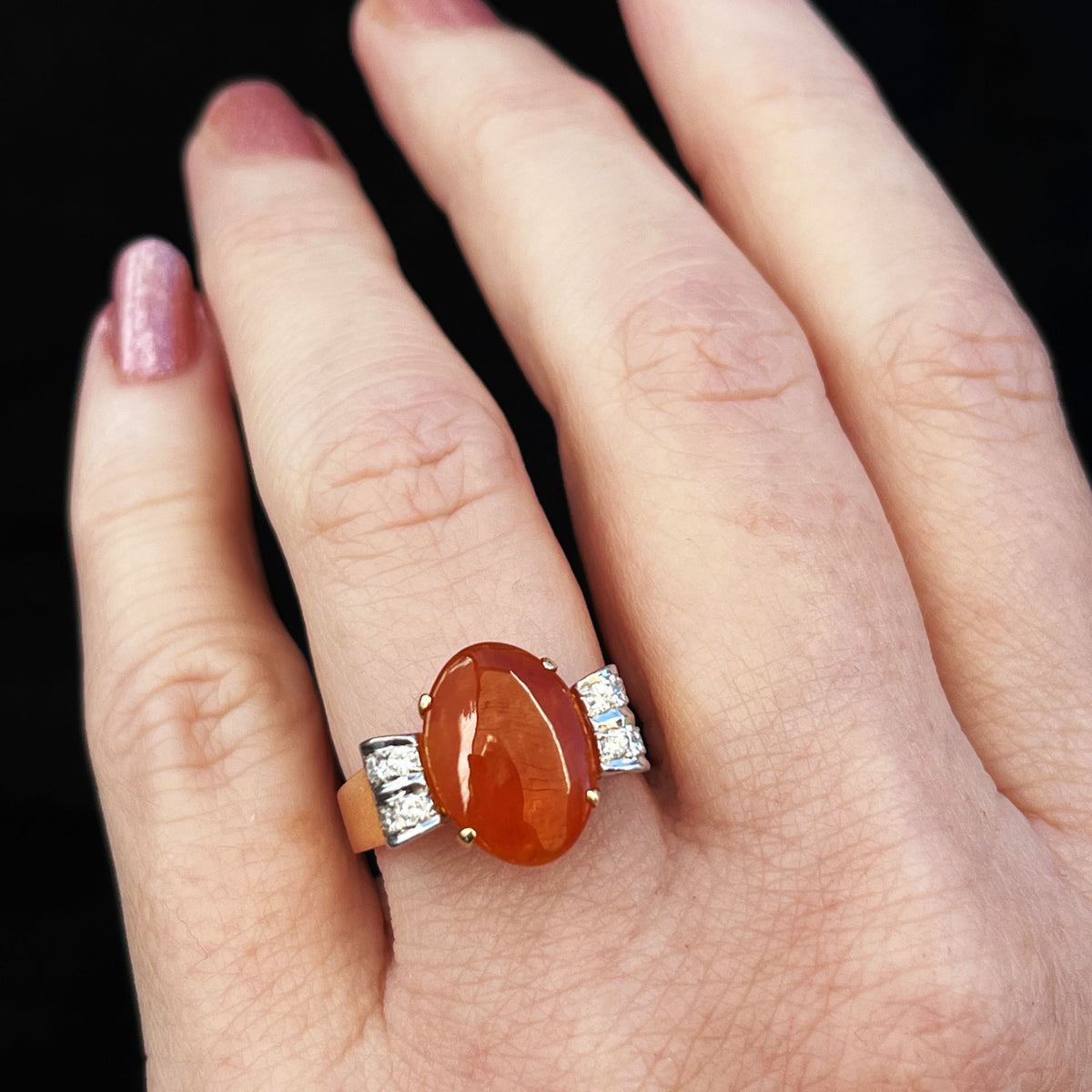 VINTAGE NATURAL ORANGE JADE &amp; DIAMOND RING 14ct GOLD
