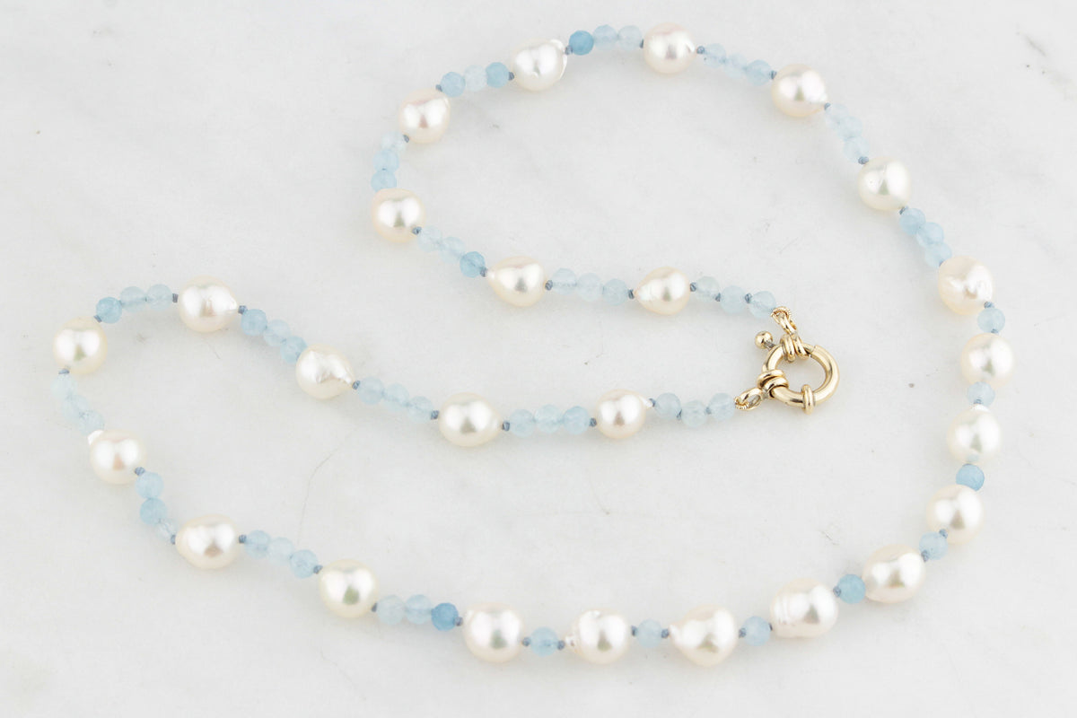 BESPOKE PEARL &amp; AQUAMARINE NECKLACE 9ct GOLD
