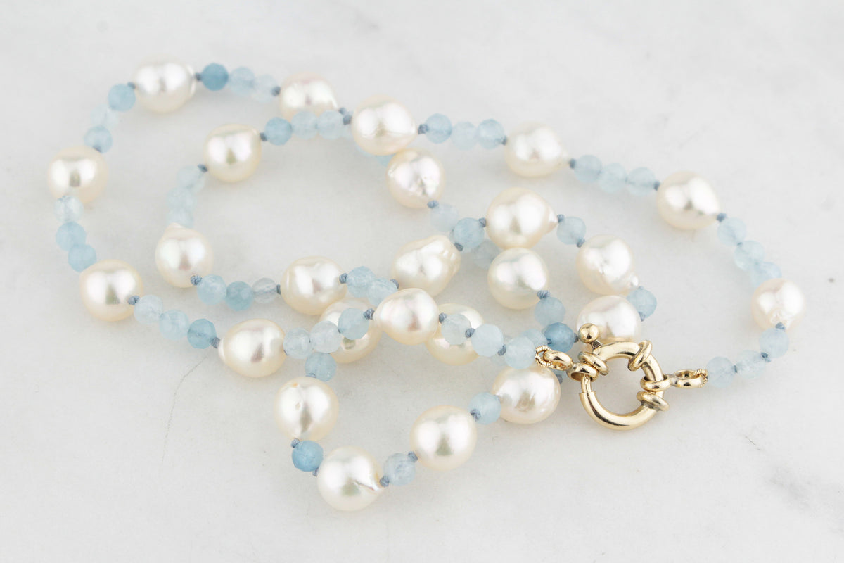 BESPOKE PEARL &amp; AQUAMARINE NECKLACE 9ct GOLD