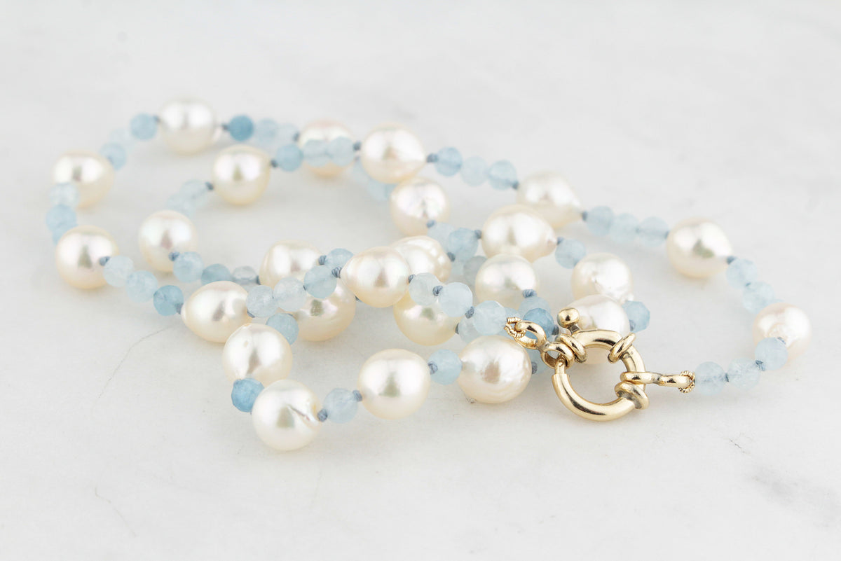 BESPOKE PEARL &amp; AQUAMARINE NECKLACE 9ct GOLD