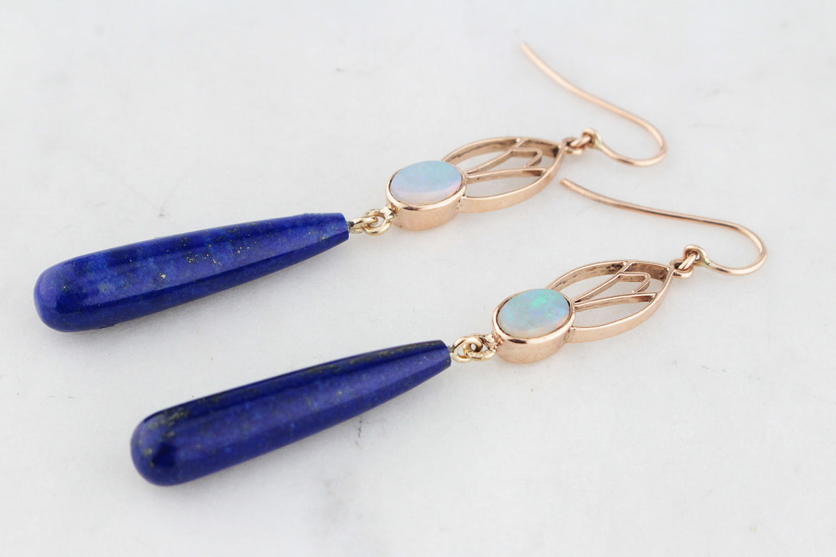BESPOKE ART NOUVEAU SOLID OPAL &amp; LAPIS LAZULI EARRINGS 9ct GOLD
