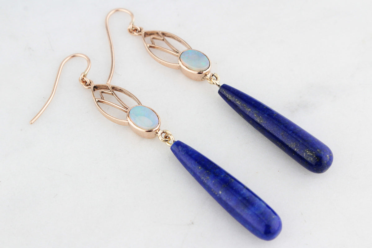 BESPOKE ART NOUVEAU SOLID OPAL &amp; LAPIS LAZULI EARRINGS 9ct GOLD