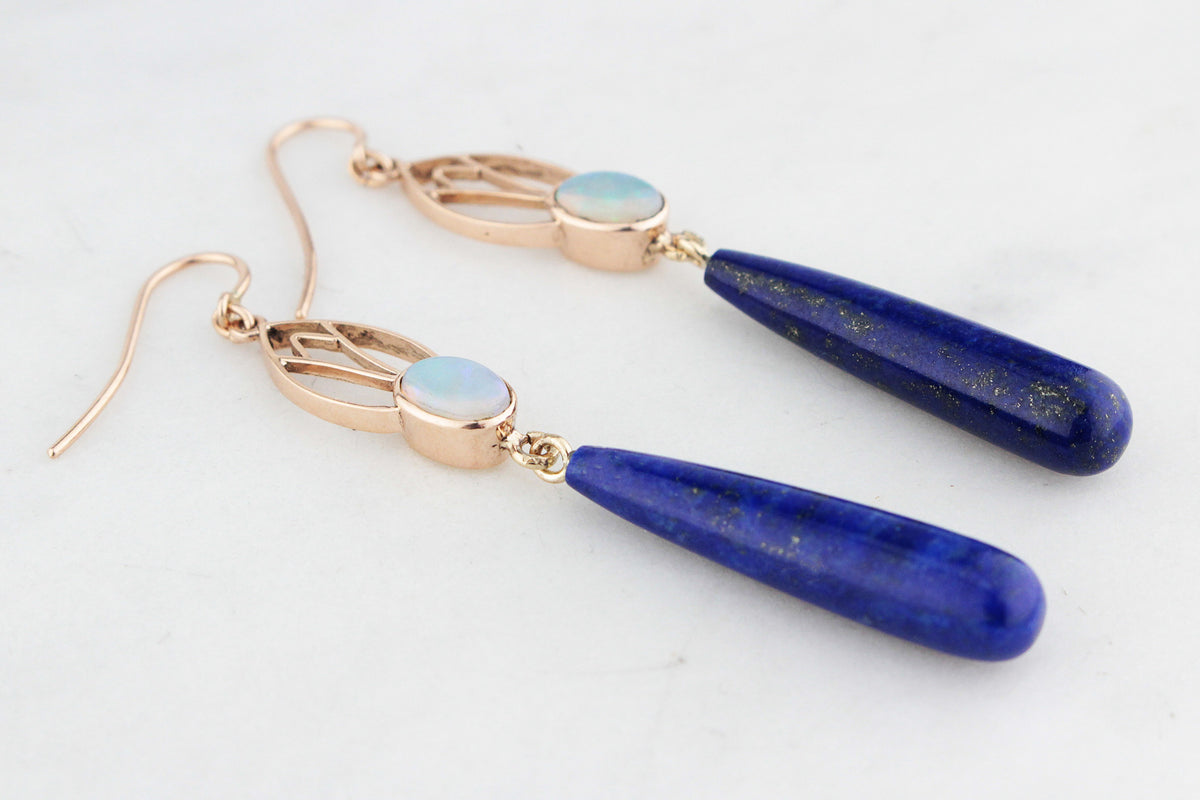 BESPOKE ART NOUVEAU SOLID OPAL &amp; LAPIS LAZULI EARRINGS 9ct GOLD