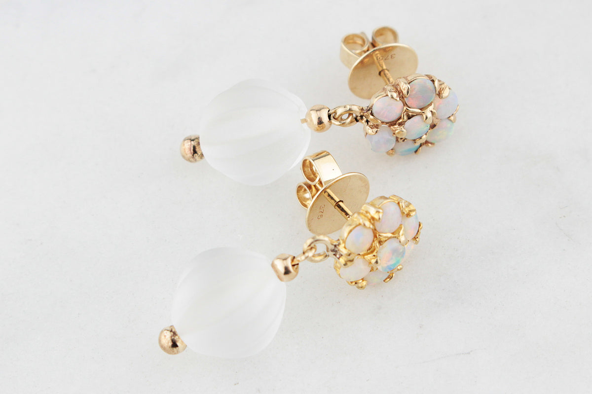 BESPOKE VINTAGE SOLID OPAL &amp; CARVED CAMPHOR GLASS EARRINGS 9ct GOLD