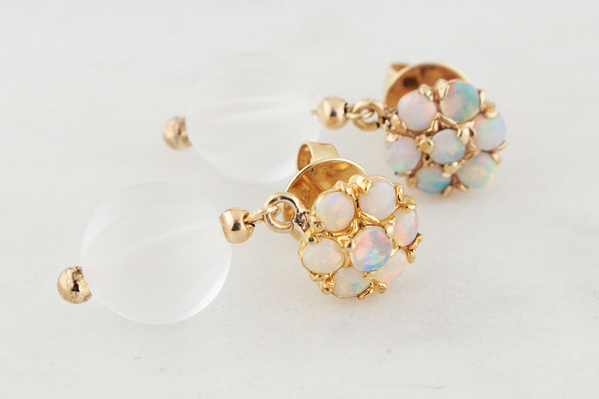 BESPOKE VINTAGE SOLID OPAL &amp; CARVED CAMPHOR GLASS EARRINGS 9ct GOLD