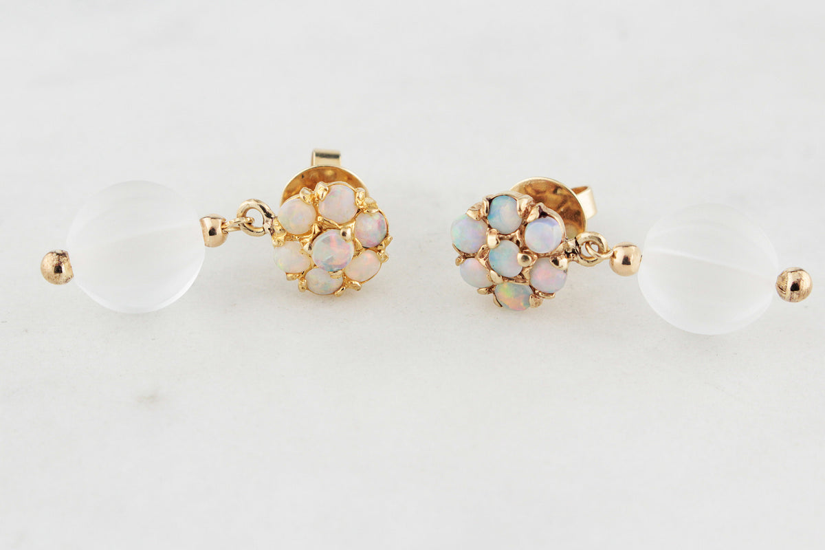 BESPOKE VINTAGE SOLID OPAL &amp; CARVED CAMPHOR GLASS EARRINGS 9ct GOLD