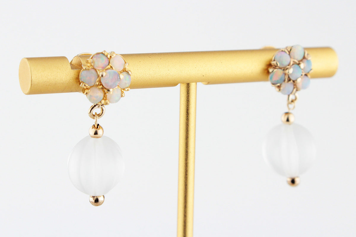 BESPOKE VINTAGE SOLID OPAL &amp; CARVED CAMPHOR GLASS EARRINGS 9ct GOLD