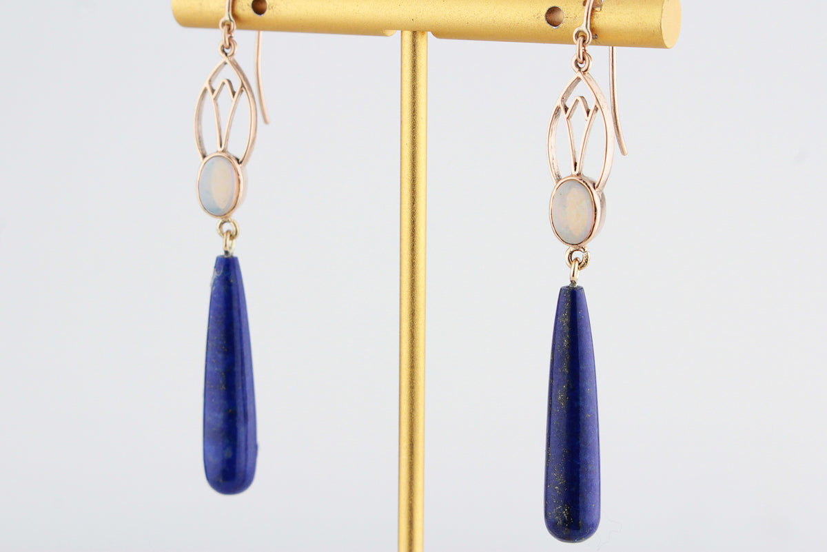 BESPOKE ART NOUVEAU SOLID OPAL &amp; LAPIS LAZULI EARRINGS 9ct GOLD