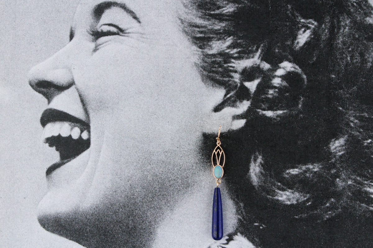 BESPOKE ART NOUVEAU SOLID OPAL &amp; LAPIS LAZULI EARRINGS 9ct GOLD