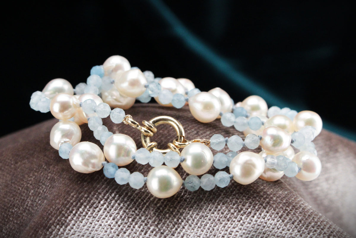 BESPOKE PEARL &amp; AQUAMARINE NECKLACE 9ct GOLD