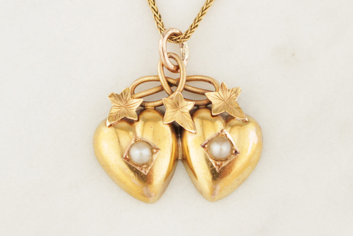 ANTIQUE VICTORIAN c1890 PEARL DOUBLE HEART &amp; IVY PENDANT 18ct GOLD
