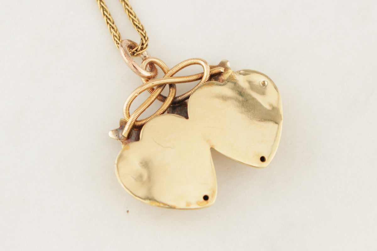 ANTIQUE VICTORIAN c1890 PEARL DOUBLE HEART &amp; IVY PENDANT 18ct GOLD