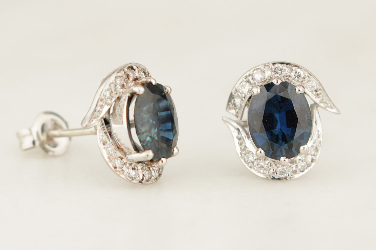 VINTAGE c1940 SAPPHIRE &amp; DIAMOND EARRINGS 18ct WHITE GOLD