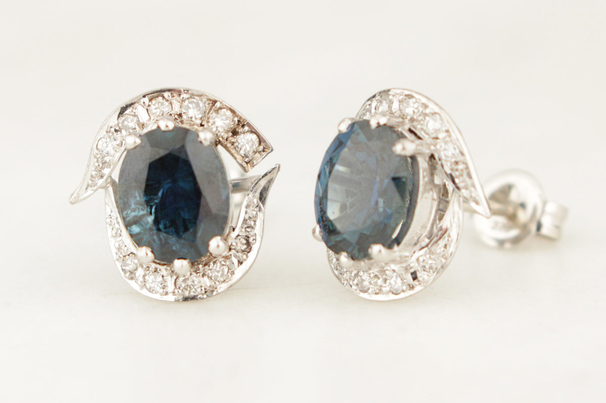 VINTAGE c1940 SAPPHIRE &amp; DIAMOND EARRINGS 18ct WHITE GOLD