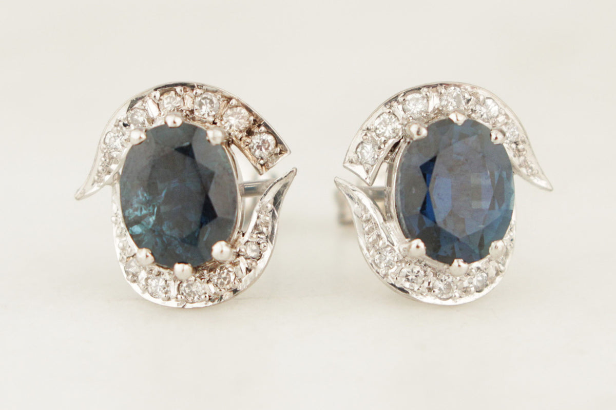 VINTAGE c1940 SAPPHIRE &amp; DIAMOND EARRINGS 18ct WHITE GOLD