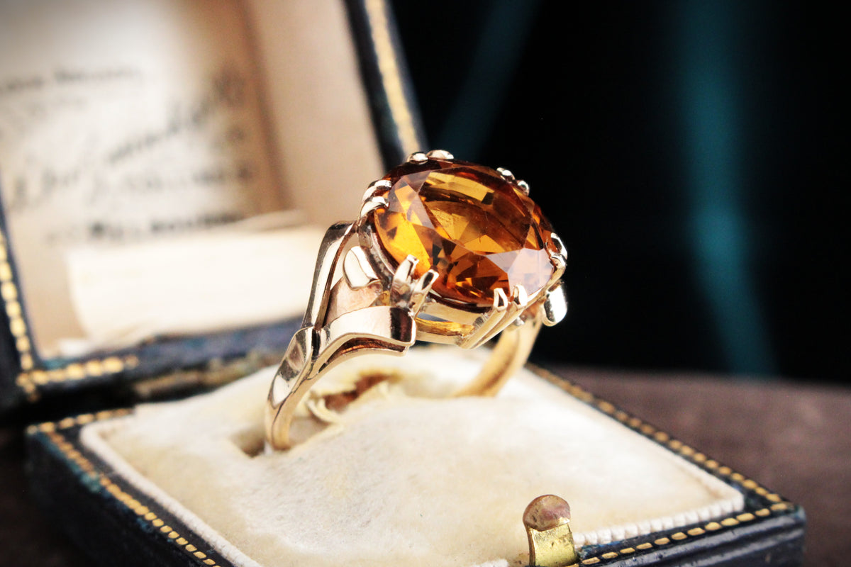 VINTAGE c1940s 5ct MANDARIN CITRINE COCKTAIL RING 9ct GOLD