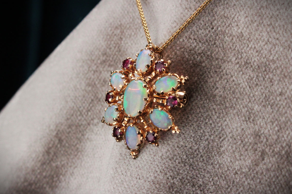 VINTAGE OPAL &amp; RUBY STARBURST PENDANT/BROOCH 9ct GOLD