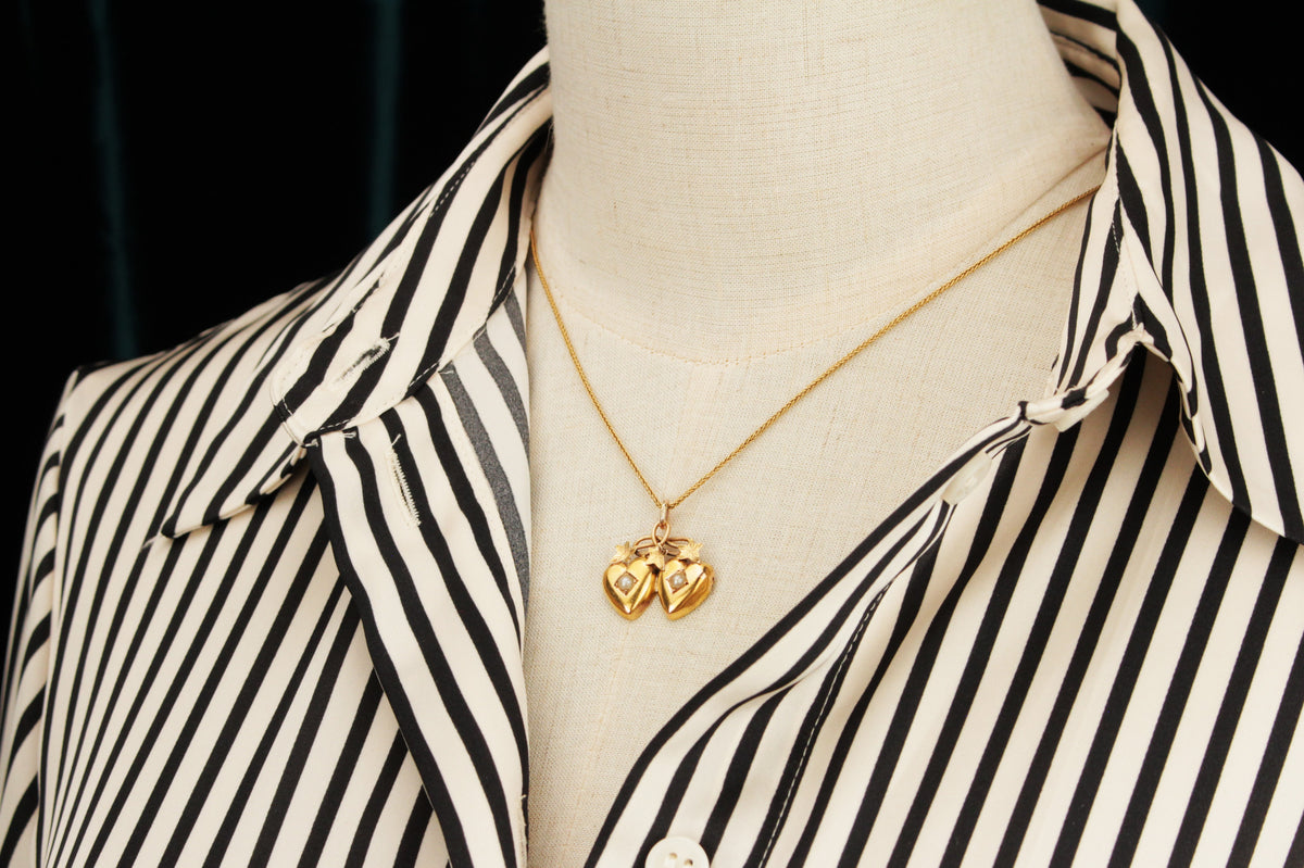 ANTIQUE VICTORIAN c1890 PEARL DOUBLE HEART &amp; IVY PENDANT 18ct GOLD