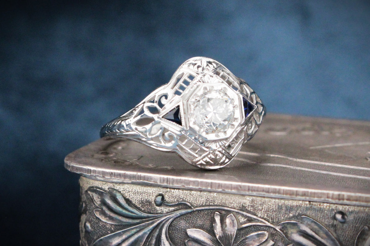 ANTIQUE 1920s .65ct DIAMOND &amp; SAPPHIRE RING 18ct WHITE GOLD