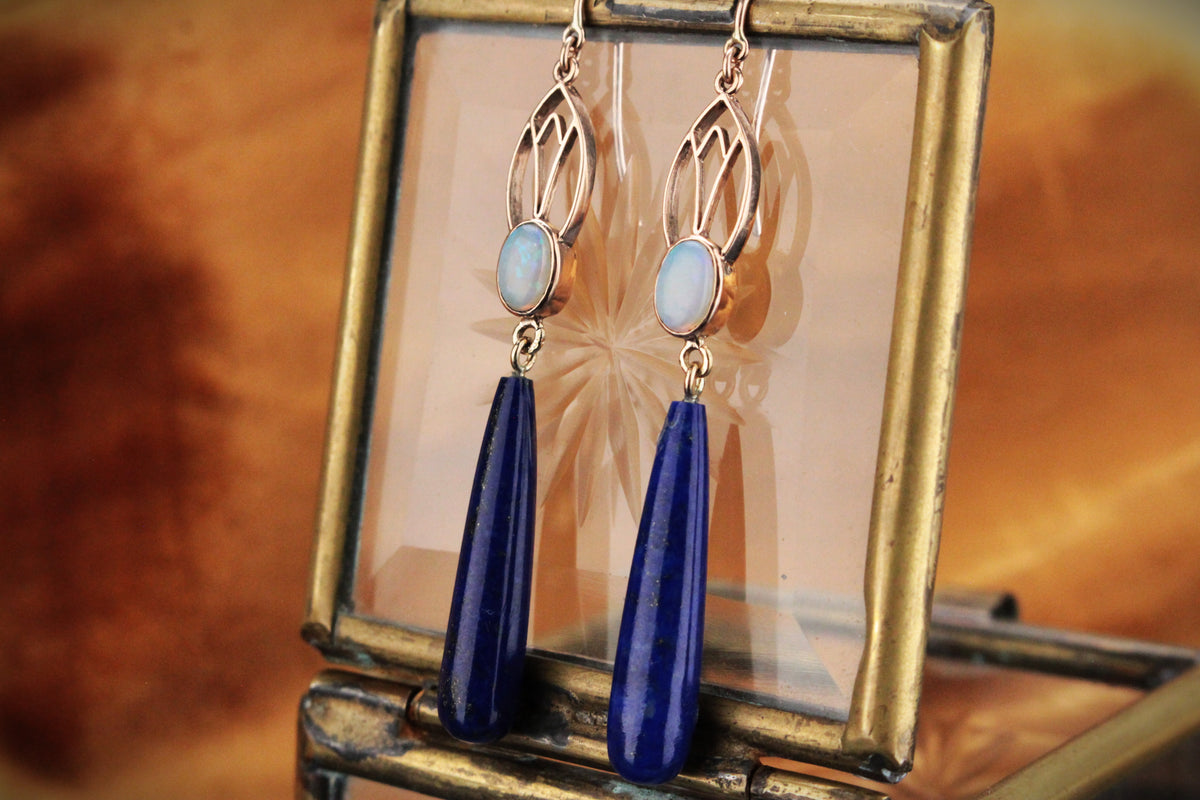 BESPOKE ART NOUVEAU SOLID OPAL &amp; LAPIS LAZULI EARRINGS 9ct GOLD
