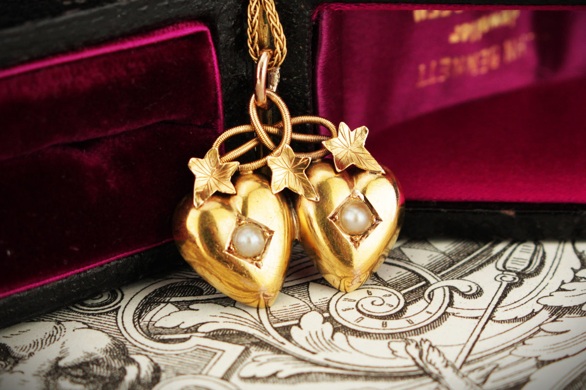 ANTIQUE VICTORIAN c1890 PEARL DOUBLE HEART &amp; IVY PENDANT 18ct GOLD