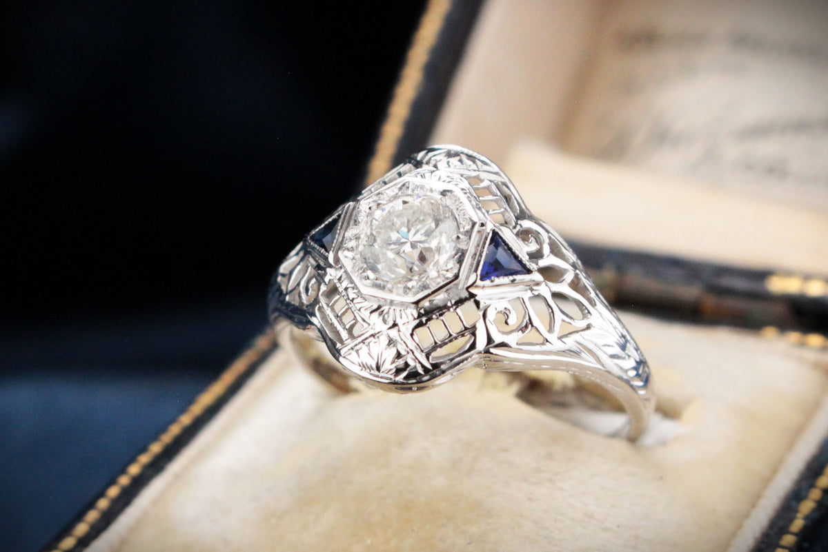 ANTIQUE 1920s .65ct DIAMOND &amp; SAPPHIRE RING 18ct WHITE GOLD