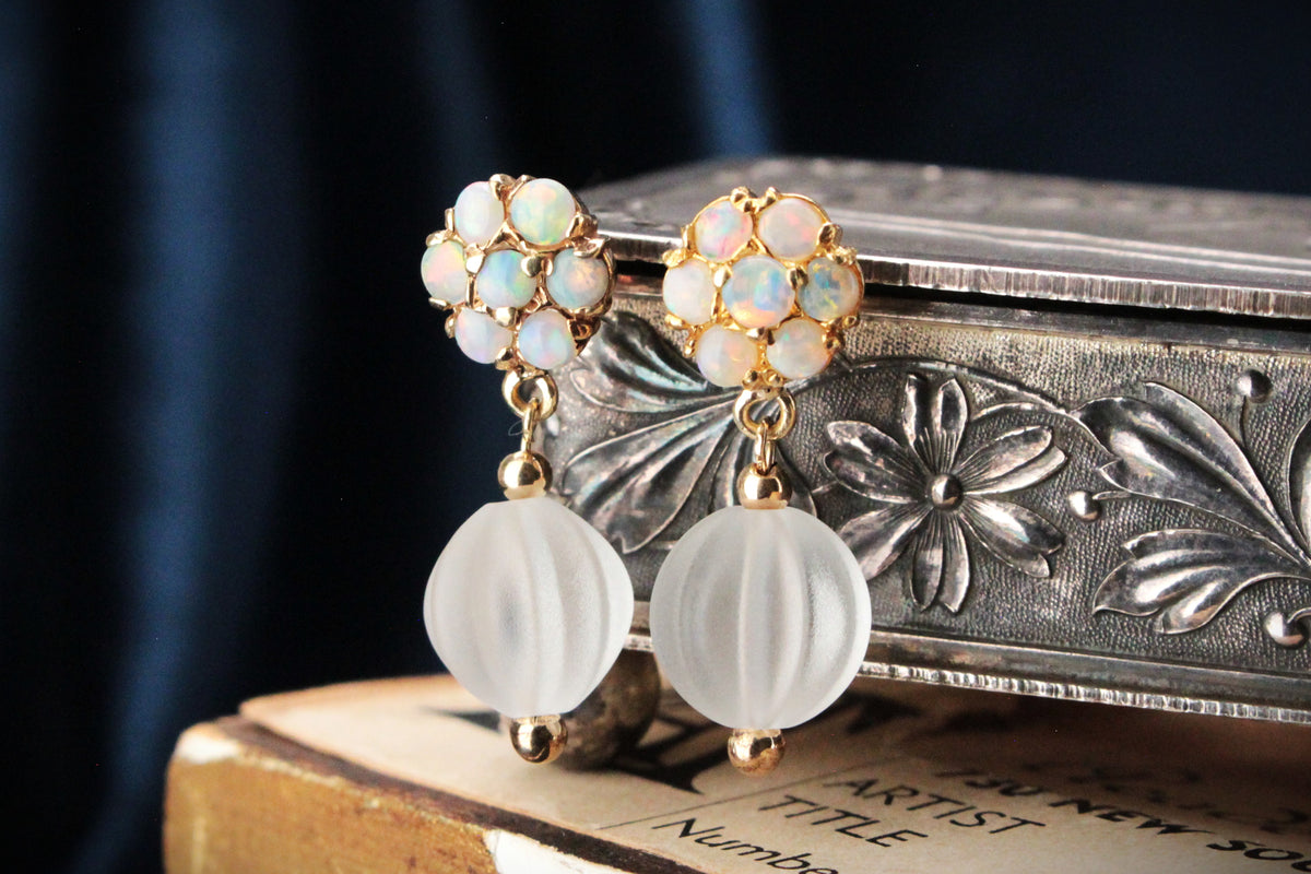 BESPOKE VINTAGE SOLID OPAL &amp; CARVED CAMPHOR GLASS EARRINGS 9ct GOLD