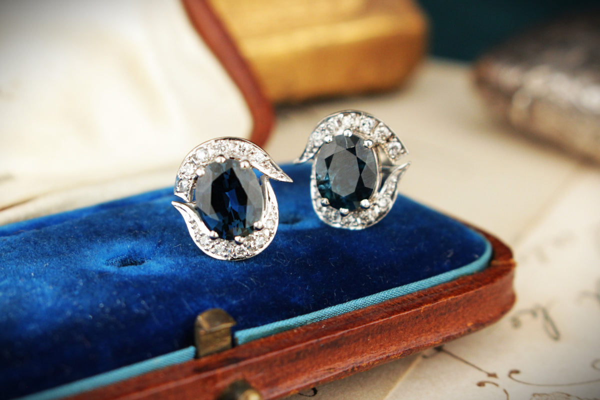 VINTAGE c1940 SAPPHIRE &amp; DIAMOND EARRINGS 18ct WHITE GOLD