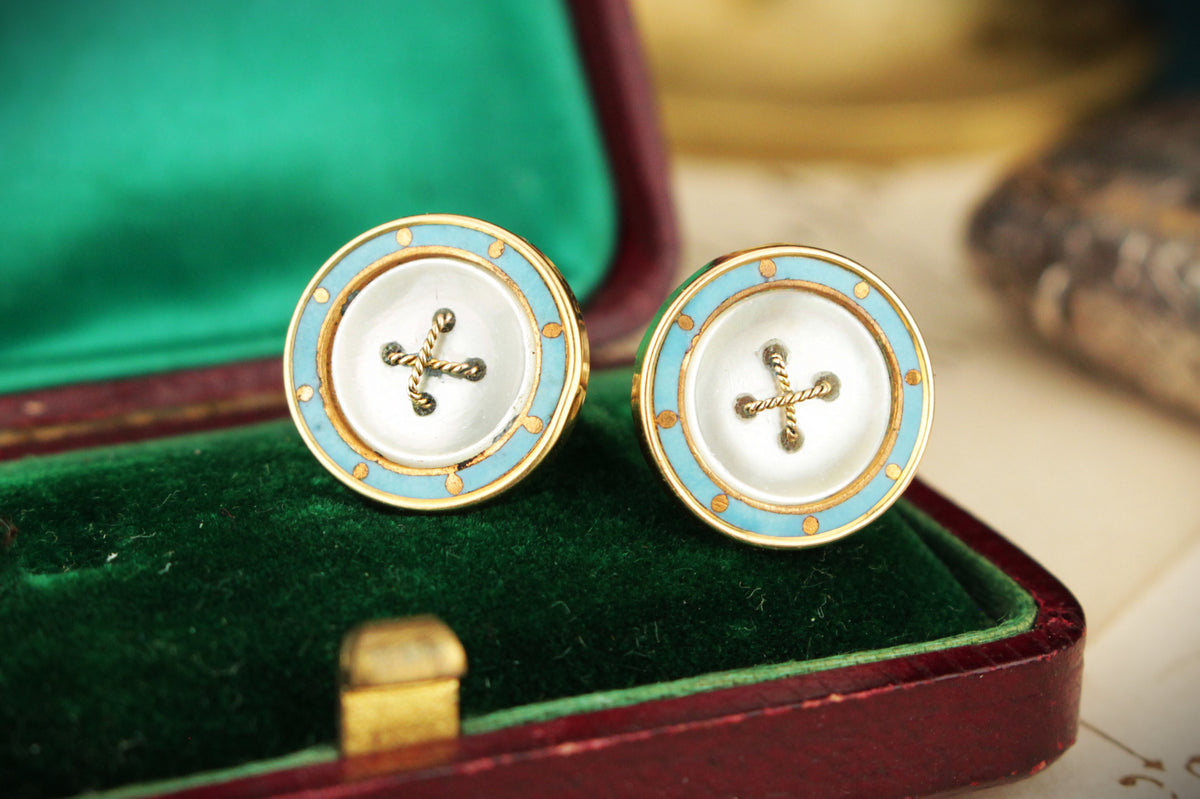 ANTIQUE ENAMEL &amp; MOTHER OF PEARL EARRINGS 18ct GOLD