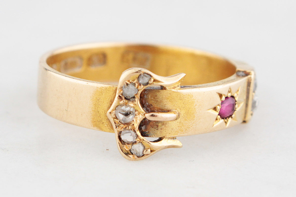 ANTIQUE VICTORIAN 1874 RUBY &amp; DIAMOND BUCKLE RING 15ct GOLD