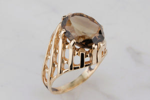 VINTAGE MID CENTURY c1960 4ct SMOKY QUARTZ COCKTAIL RING ON 10ct YELLOW GOLD