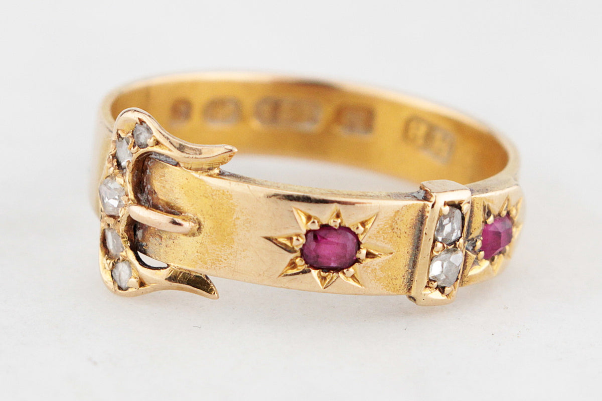 ANTIQUE VICTORIAN 1874 RUBY &amp; DIAMOND BUCKLE RING 15ct GOLD