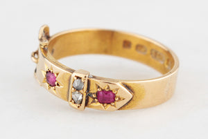 ANTIQUE VICTORIAN 1874 RUBY & DIAMOND BUCKLE RING 15ct GOLD