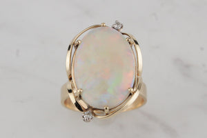 MID CENTURY c1960 SOLID WHITE OPAL & DIAMOND RING ON 9ct YELLOW GOLD