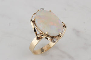 MID CENTURY c1960 SOLID WHITE OPAL & DIAMOND RING ON 9ct YELLOW GOLD