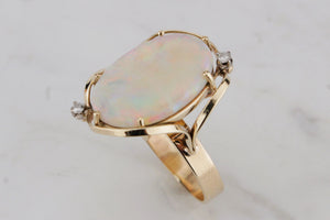 MID CENTURY c1960 SOLID WHITE OPAL & DIAMOND RING ON 9ct YELLOW GOLD