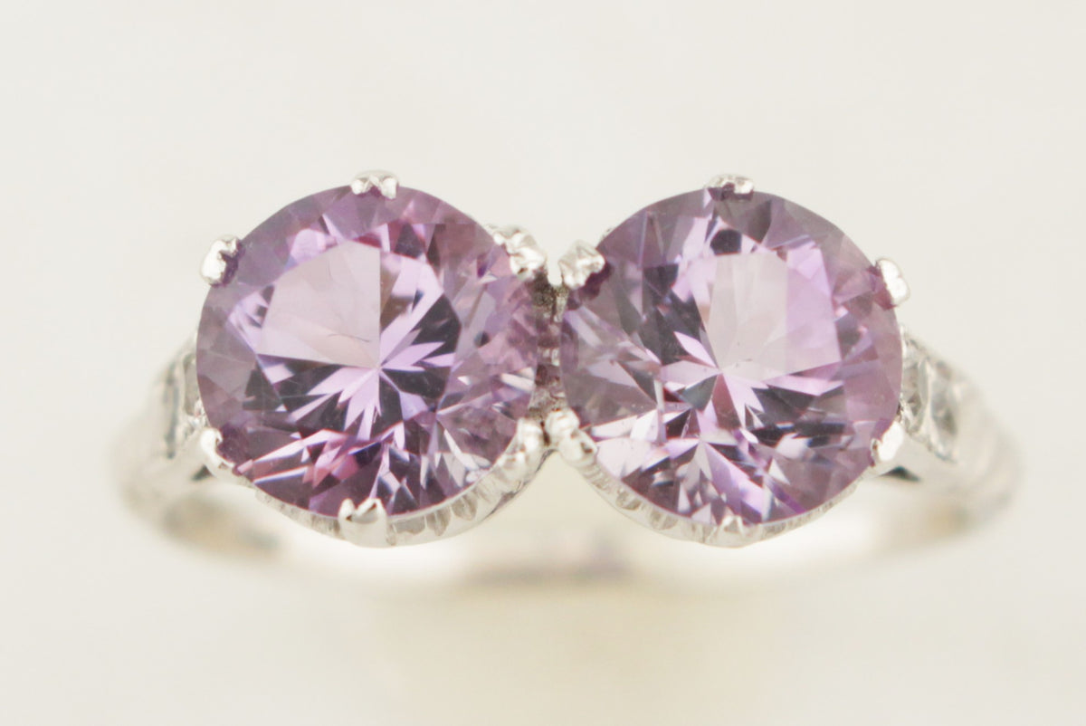 ART DECO c1930 AMETHYST &amp; WHITE SAPPHIRE TOI ET MOI RING 9ct WHITE GOLD