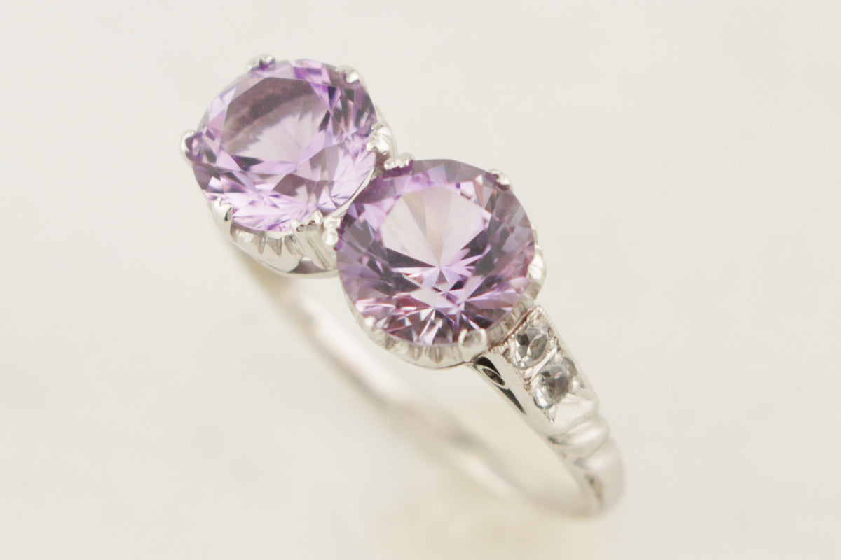 ART DECO c1930 AMETHYST &amp; WHITE SAPPHIRE TOI ET MOI RING 9ct WHITE GOLD
