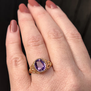 VINTAGE MID CENTURY 1974 AMETHYST COCKTAIL RING ON 9ct YELLOW GOLD