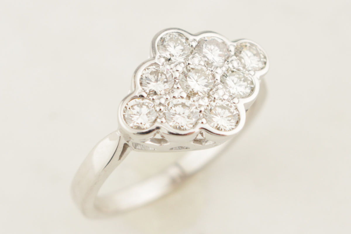 VINTAGE ESTATE 1ct DIAMOND CLUSTER RING 18ct WHITE GOLD