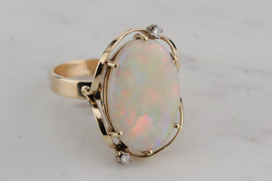 MID CENTURY c1960 SOLID WHITE OPAL & DIAMOND RING ON 9ct YELLOW GOLD