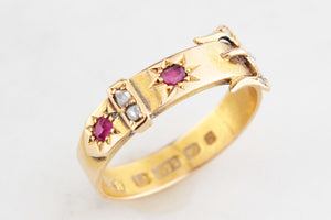 ANTIQUE VICTORIAN 1874 RUBY & DIAMOND BUCKLE RING 15ct GOLD