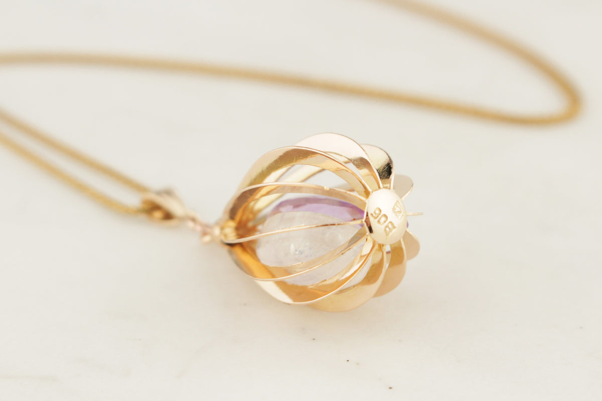 RETRO MID CENTURY c1960 MOONSTONE &amp; AMETHYST PENDANT 14ct GOLD